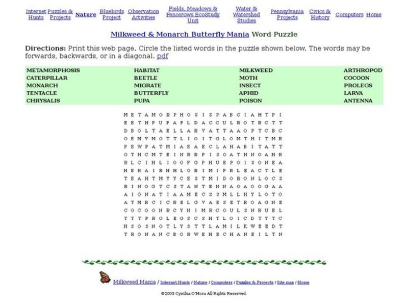 Milkweed & Monarch Butterfly Mania Word Puzzle Worksheet