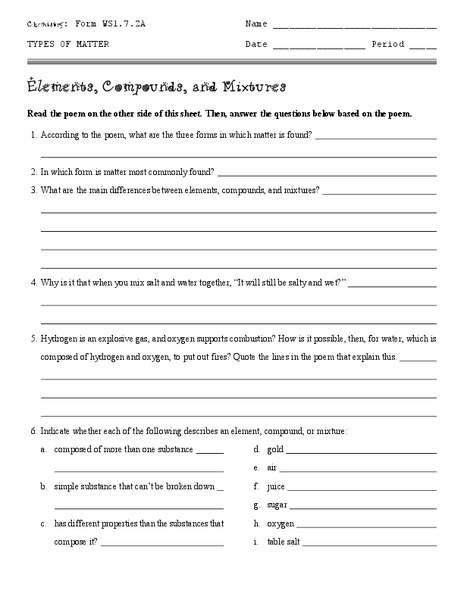 Elements, Compounds, and Mixtures Worksheet