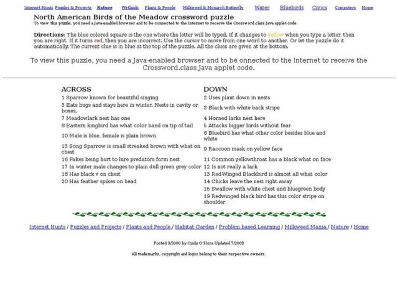 North American Birds of the Meadow Crossword Puzzle Interactive