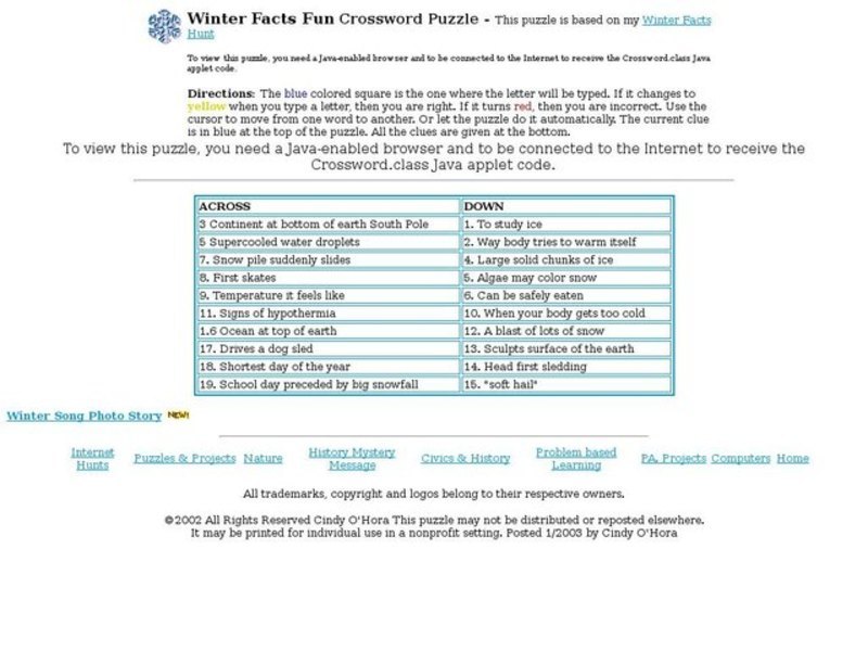 Winter Facts Fun-Crossword Puzzle Interactive