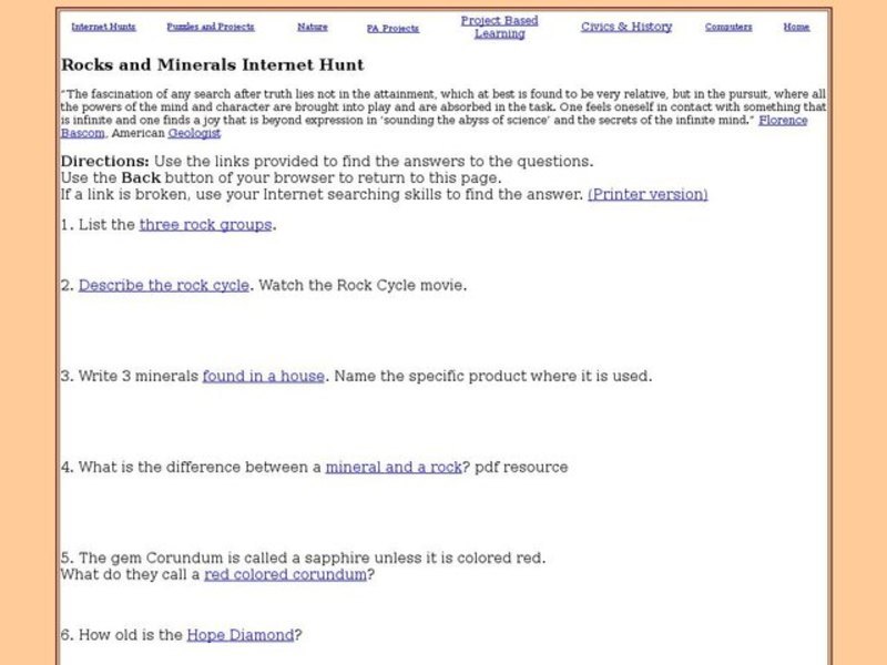 Rocks and Minerals Internet Hunt Interactive
