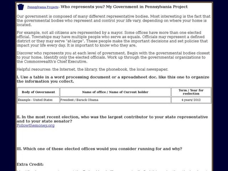 Who Represents You?                My Government in Pennsylvania Project Worksheet