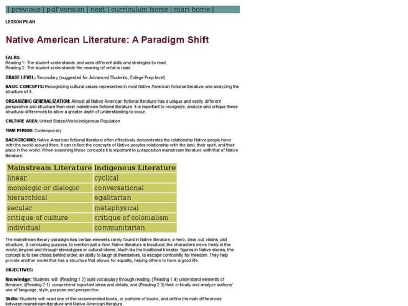 Native American Literature: A Paradigm Shift Lesson Plan