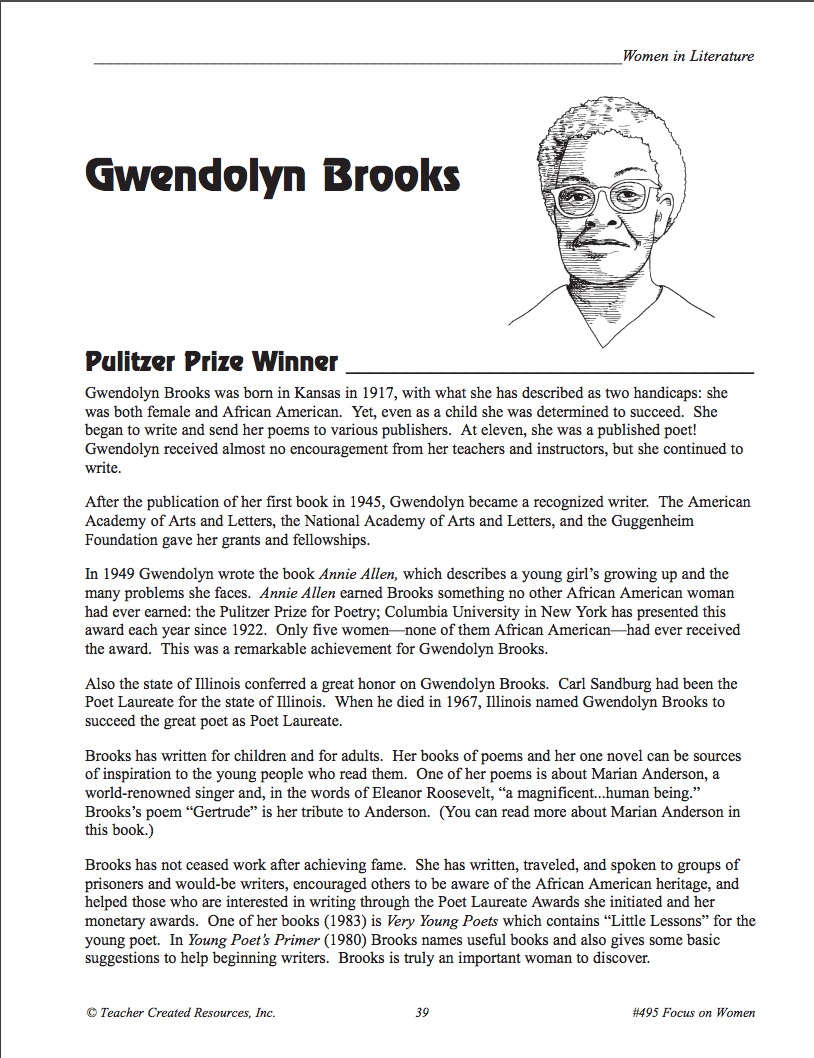 Black History Lesson Plan: Gwendolyn Brooks Lesson Plan