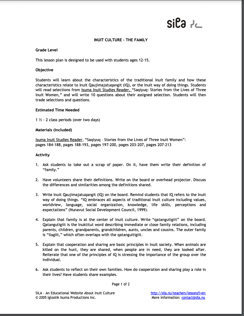 Inuit Culture: The Family Lesson Plan