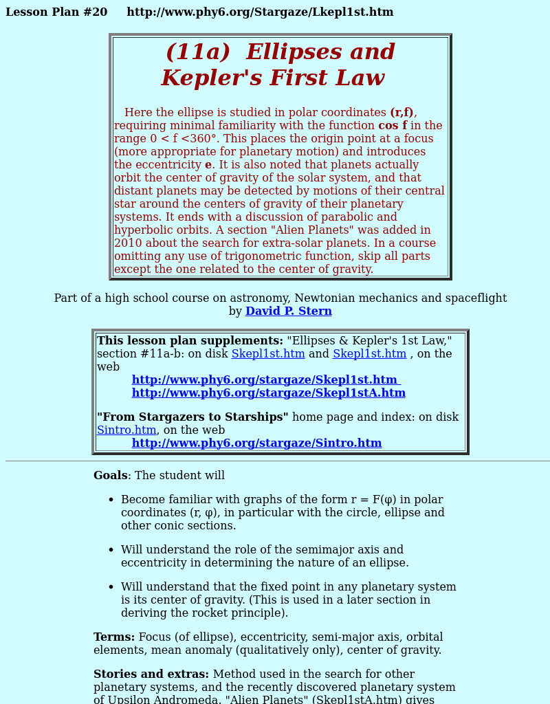 Ellipses And Kepler's First Law Lesson Plan