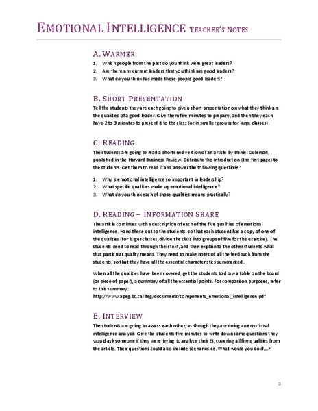 Emotional Intelligence Lesson Plan