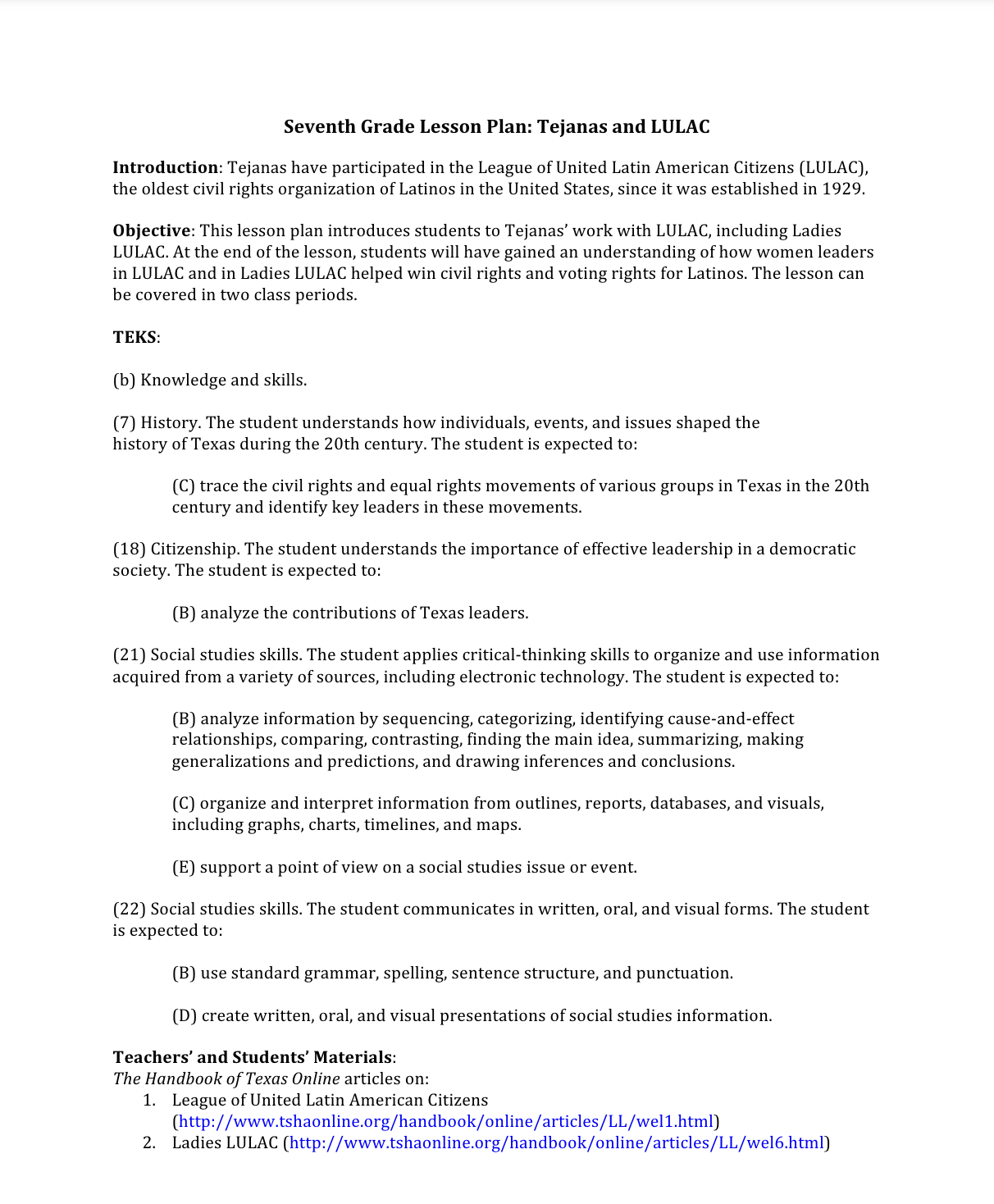 Tejanas and LULAC Lesson Plan