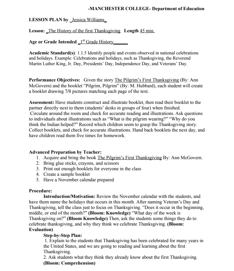 The History of the First Thanksgiving Lesson Plan