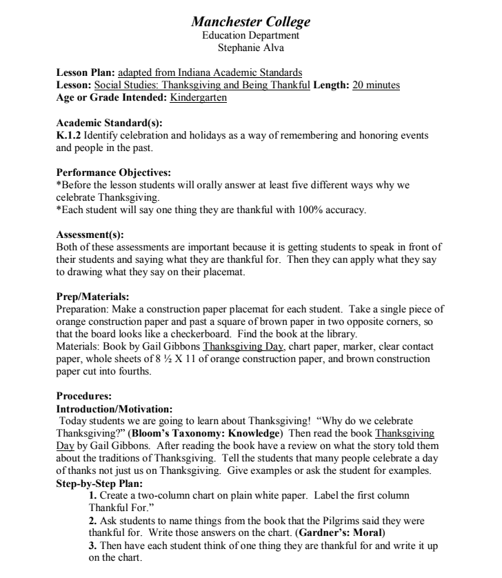 Thanksgiving and Being Thankful Lesson Plan