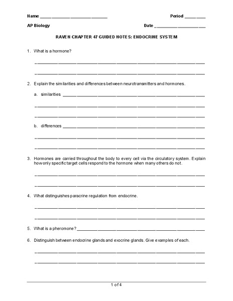 Endocrine System Worksheet