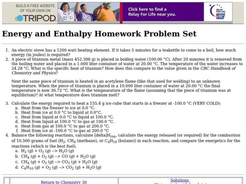 Energy and Enthalpy Worksheet