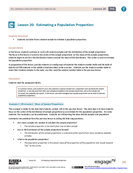 Estimating a Population Proportion Lesson Plan