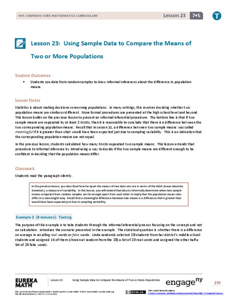 Using Sample Data to Compare the Means of Two or More Populations Lesson Plan