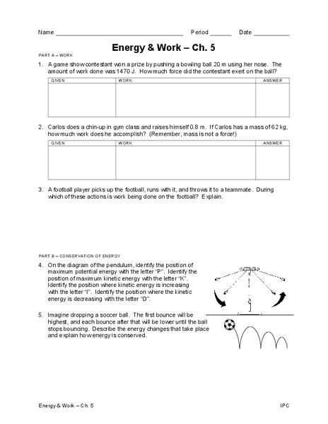 Energy and Work Worksheet