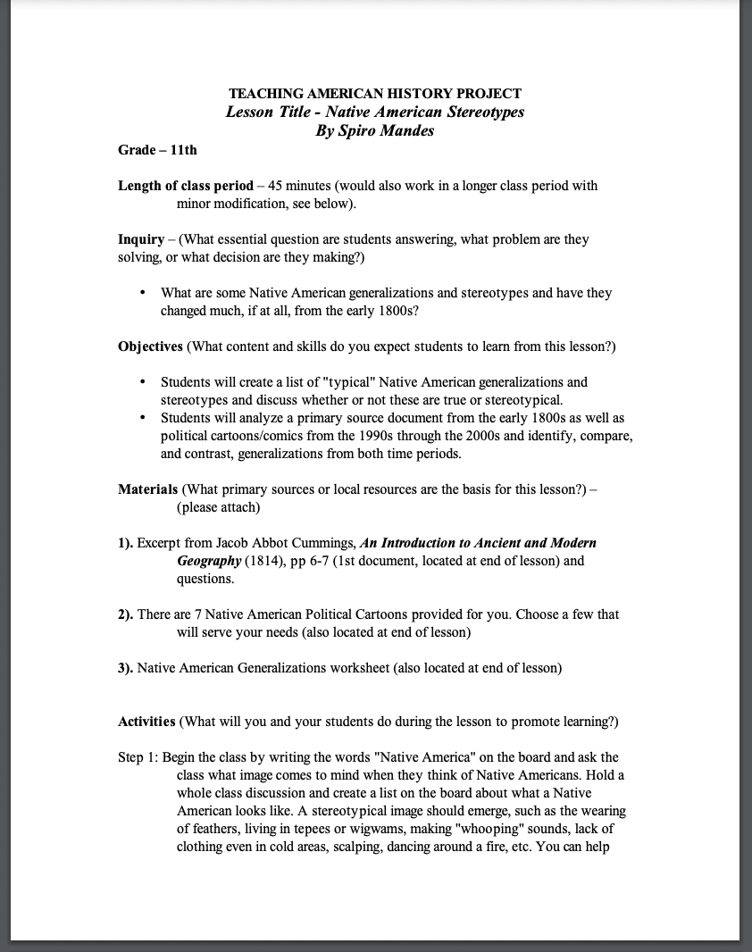 Native American Stereotypes Lesson Plan