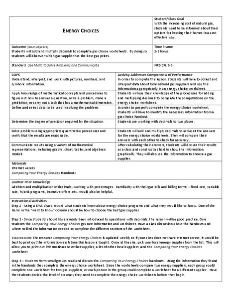 Energy Choices Lesson Plan