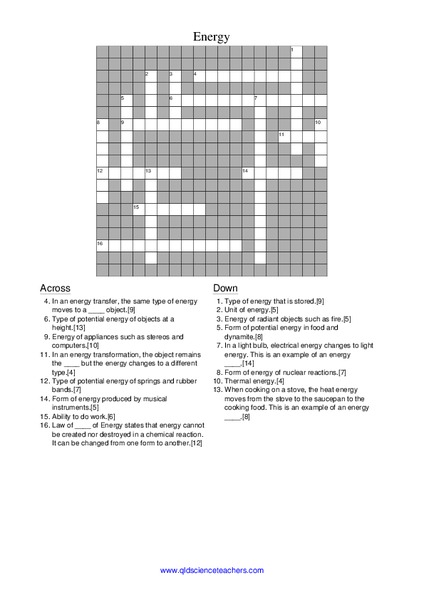 Energy Crossword Worksheet