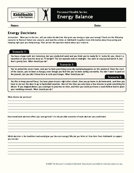 Handout: Energy Balance (Grades 3 to 5) Worksheet