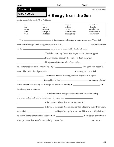 Energy from the Sun Worksheet