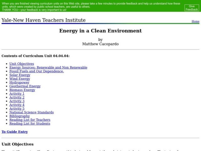 Energy in a Clean Environment Lesson Plan