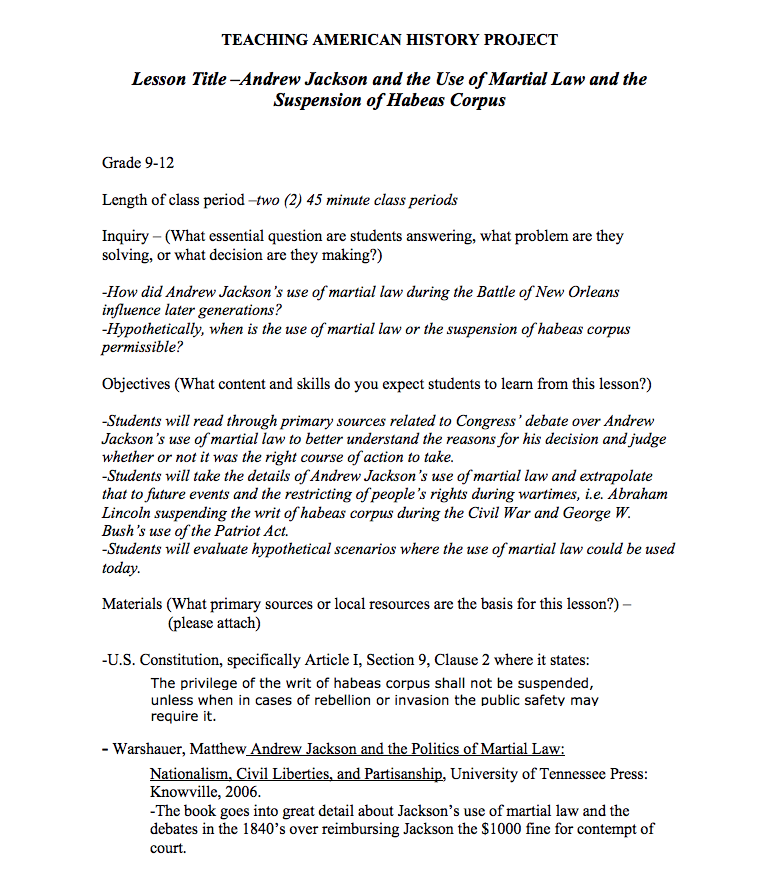 Andrew Jackson and the Use of Martial Law and the Suspension of Habeas Corpus Lesson Plan