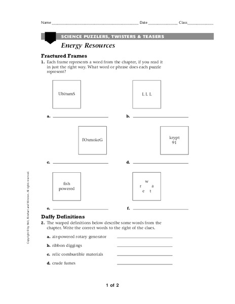 Energy Resources Worksheet