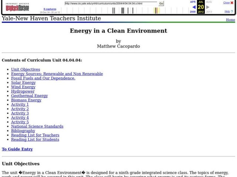 Energy in a Clean Environment       Lesson Plan