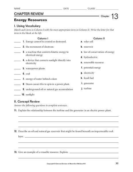 Energy Resources Worksheet