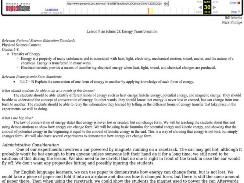 Energy Transformation Lesson Plan