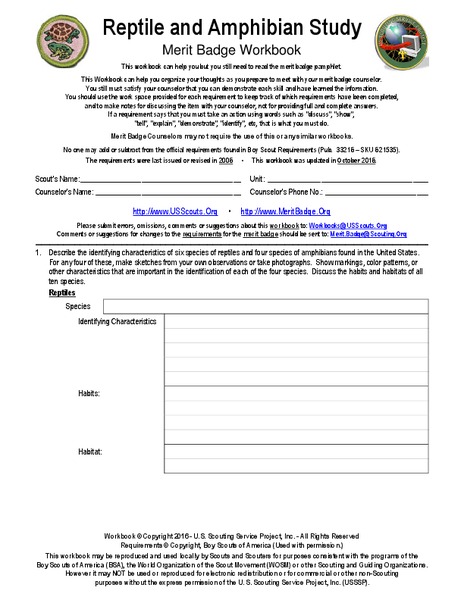Reptile and Amphibian Study Merit Badge Workbook Interactive