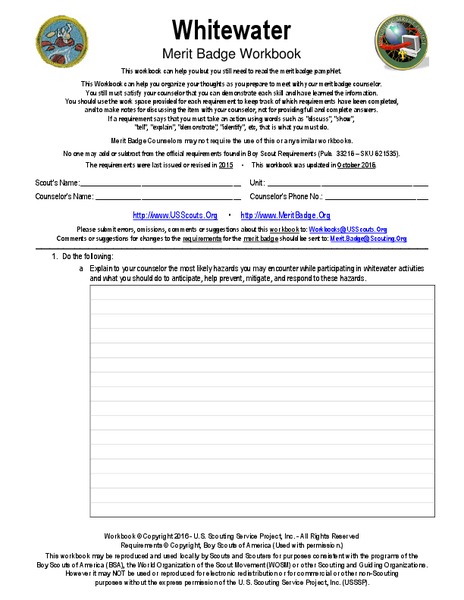 Whitewater Boy Scout Merit Badge Workbook Interactive