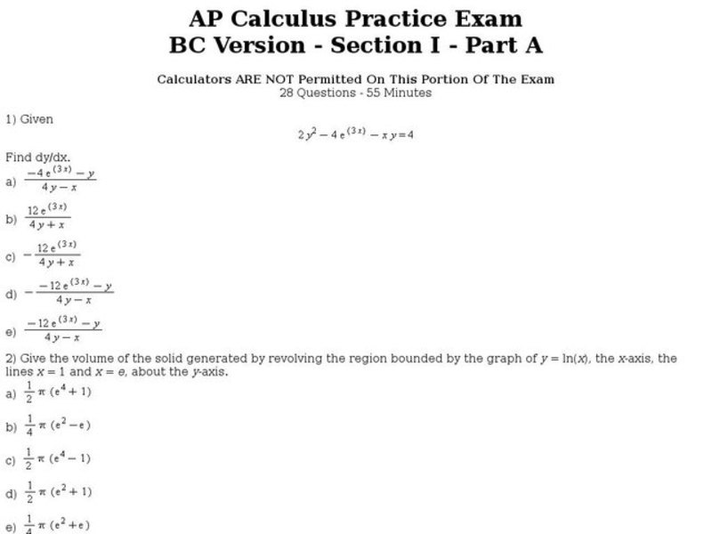 Twenty-Eight Multiple Choice No Calculator Allowed AP Calculus BC Practice Exam Interactive