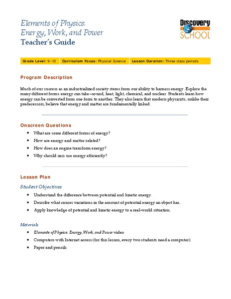 Energy, Work and Power Lesson Plan