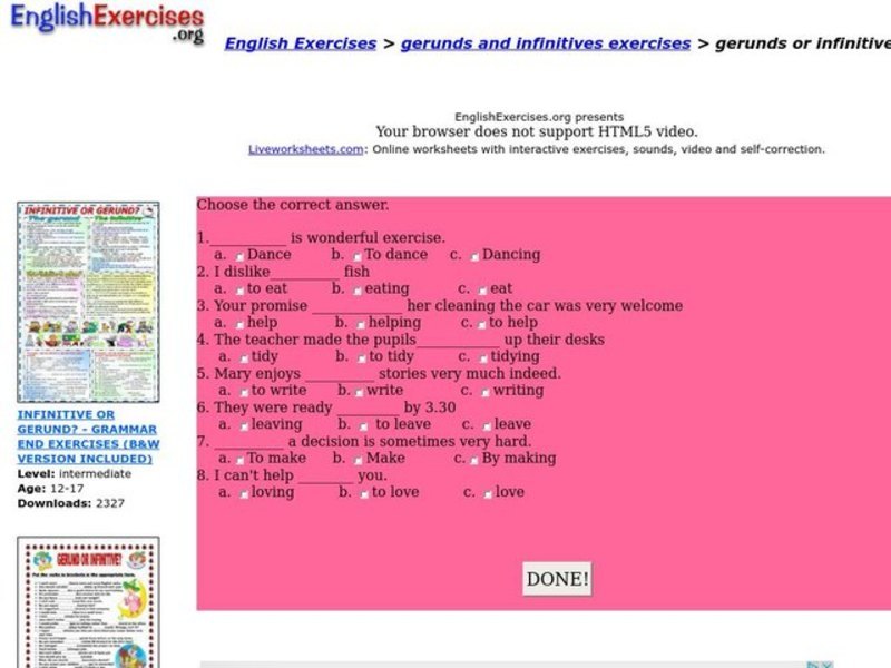 English Exercises: Gerunds and Infinitives Interactive
