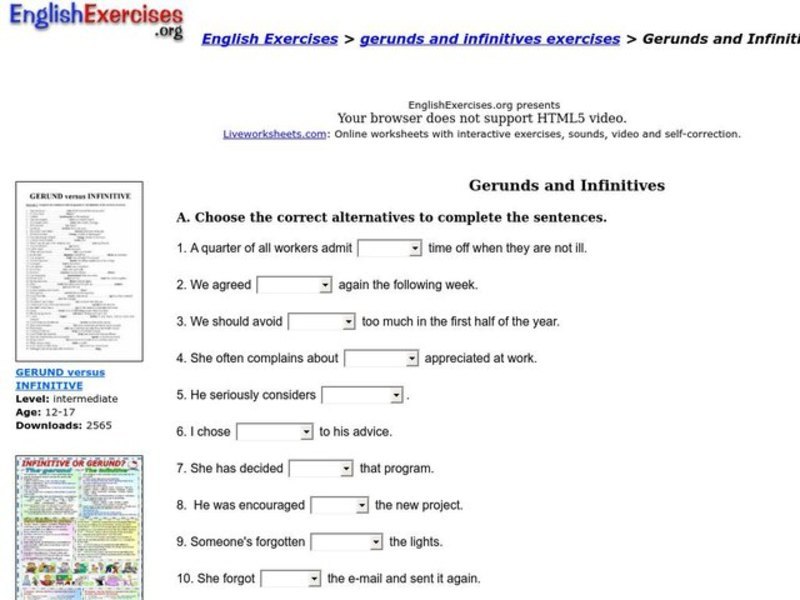 English Exercises: Gerunds and Infinitives Interactive