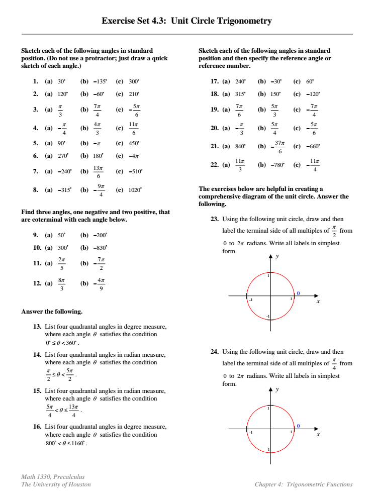 Exercise Set 4.3: Unit Circle Trigonometry Worksheet