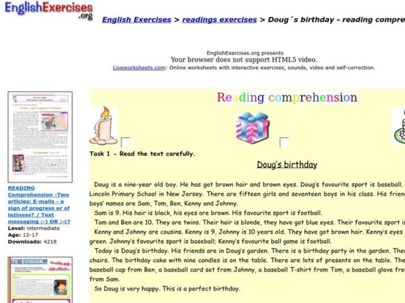 English Exercises: Reading Comprehension Interactive