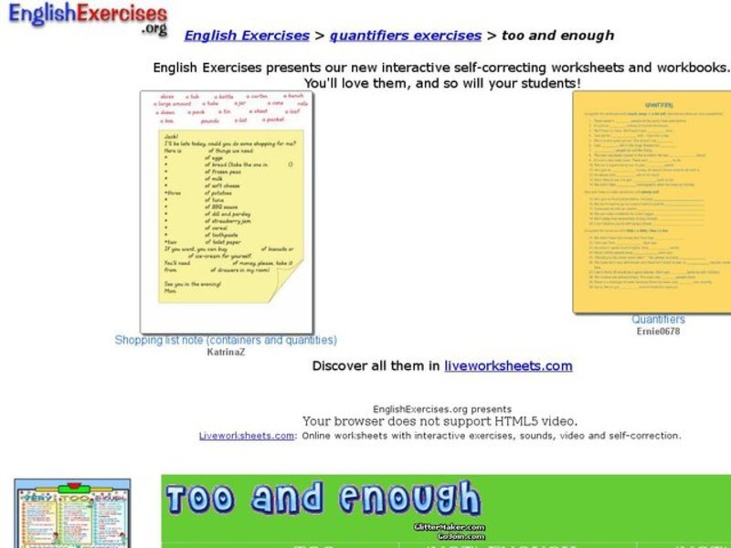 English Exercises:  Quantifiers Too and Enough Interactive