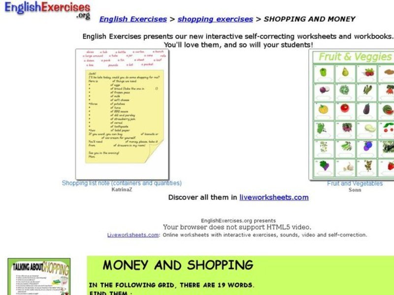 English Exercises:  Money and Shopping Interactive