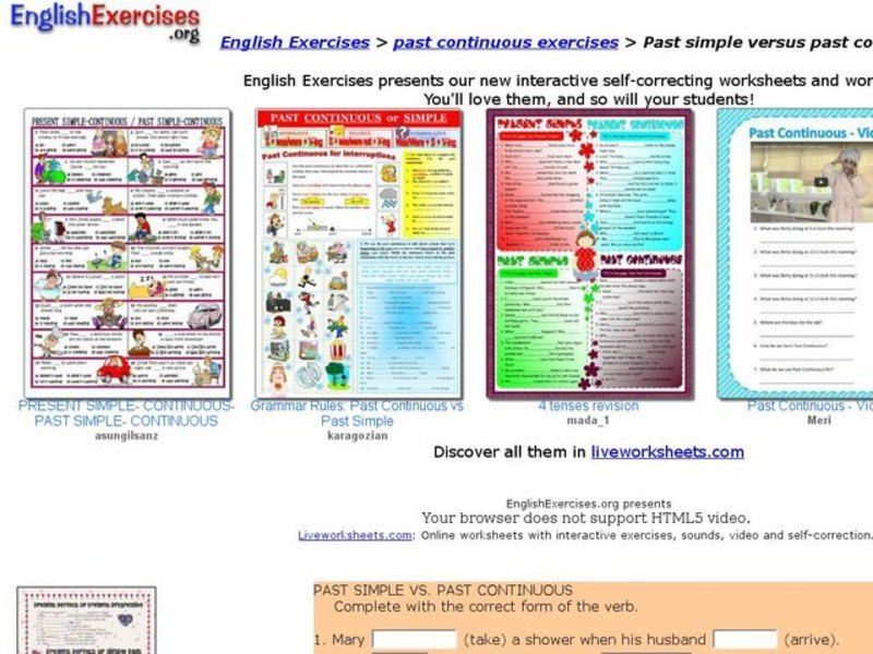 English Exercises:  Past Continuous Tense Interactive