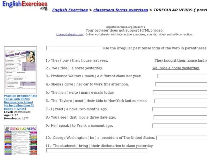 English Exercises:  Irregular Verbs Interactive