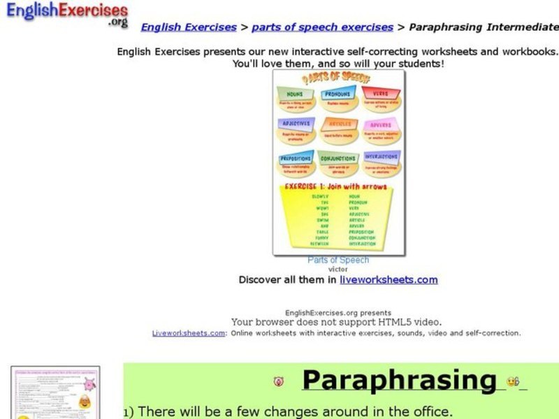 English Exercises: Parts of Speech Exercise Interactive