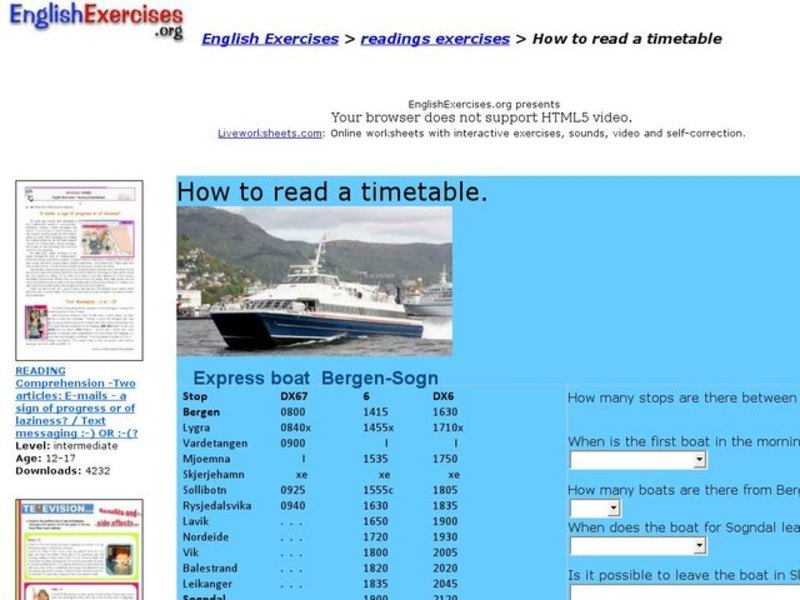 English Exercises: How To Read a Timetable Interactive