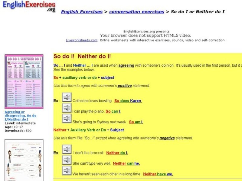 Conversation Exercises: "So Do I" or "Neither Do I" Interactive