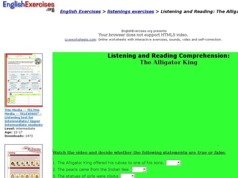 Listening and Reading: The Alligator King Interactive