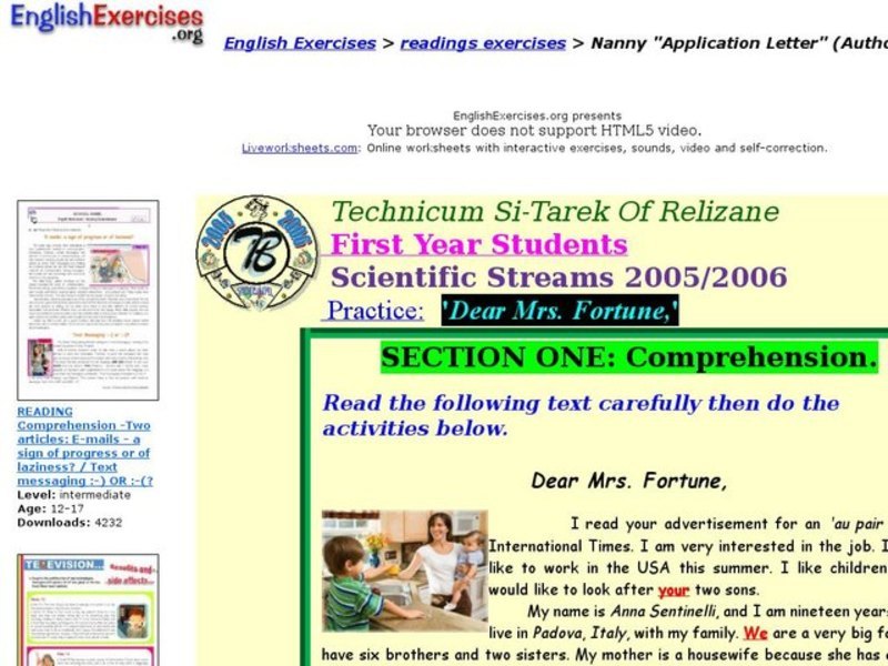 English Exercises: Nanny Application Letter Interactive