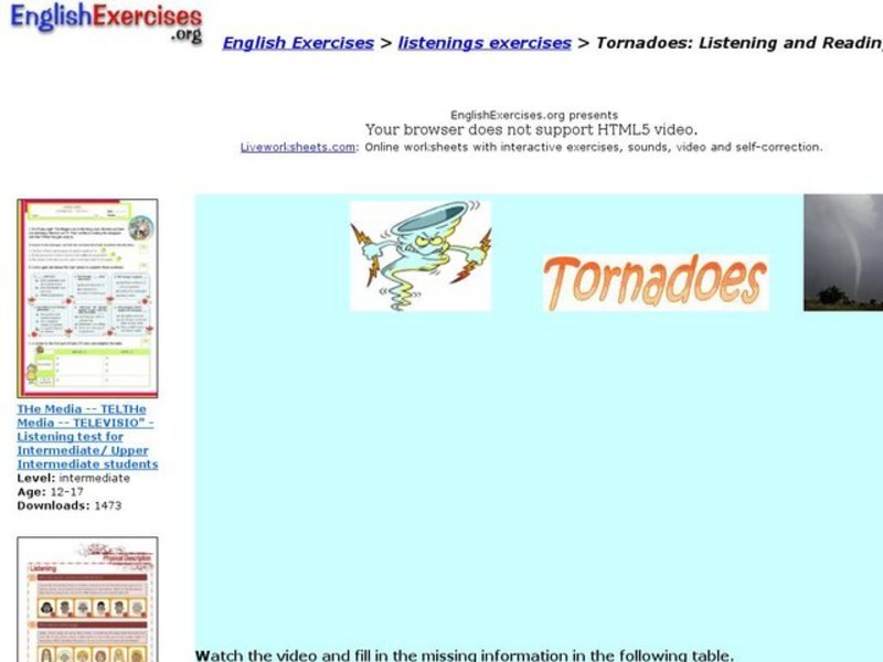English Exercises:  Listening about Tornadoes Interactive