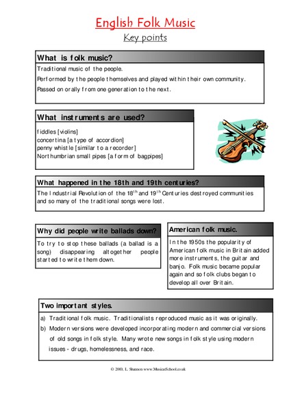 English Folk Music Worksheet
