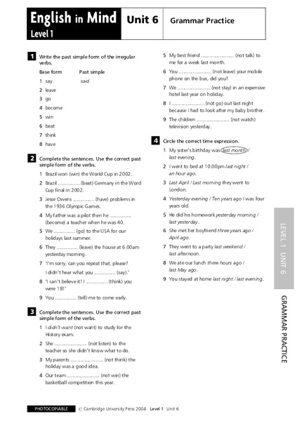 English in Mind Unit 6: Grammar Practice Lesson Plan